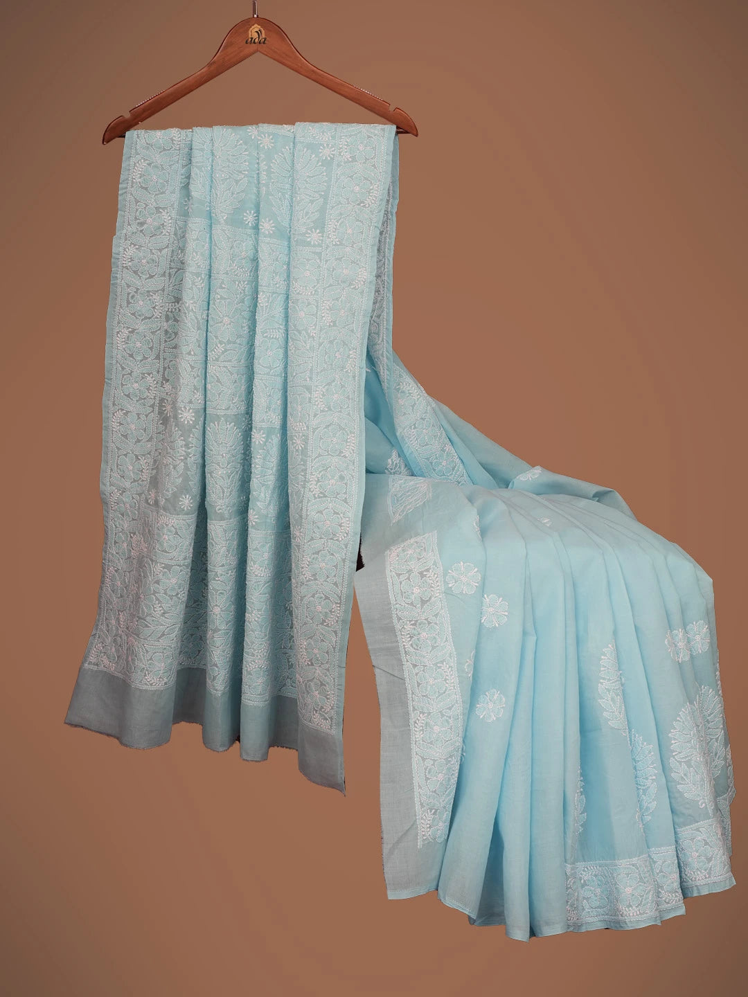 Ada Hand Embroidered Blue Cotton Lucknowi Chikankari Saree and Blouse 01A720682