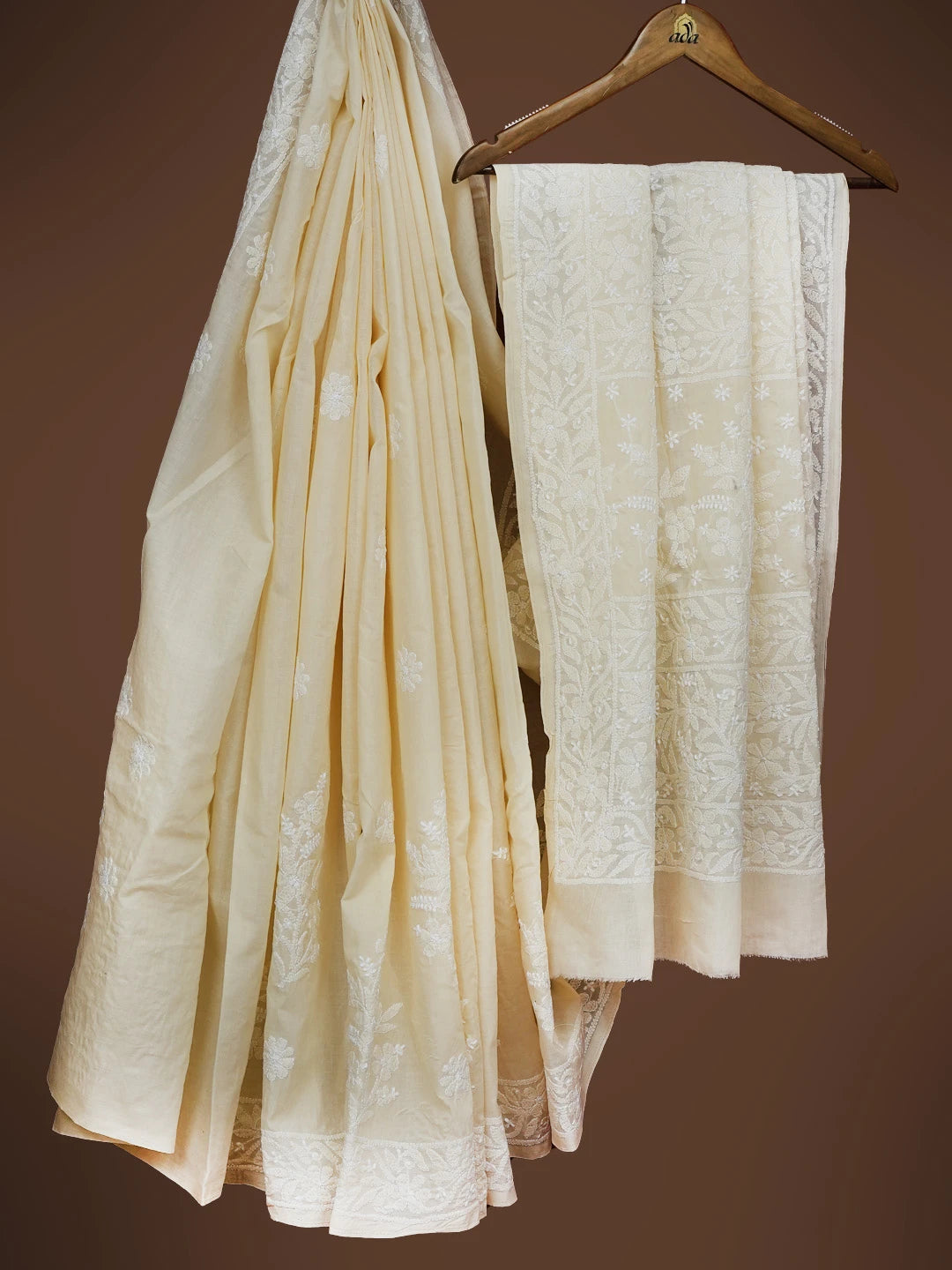 Ada Hand Embroidered Fawn Cotton Lucknowi Chikankari Saree and Blouse 01A720673