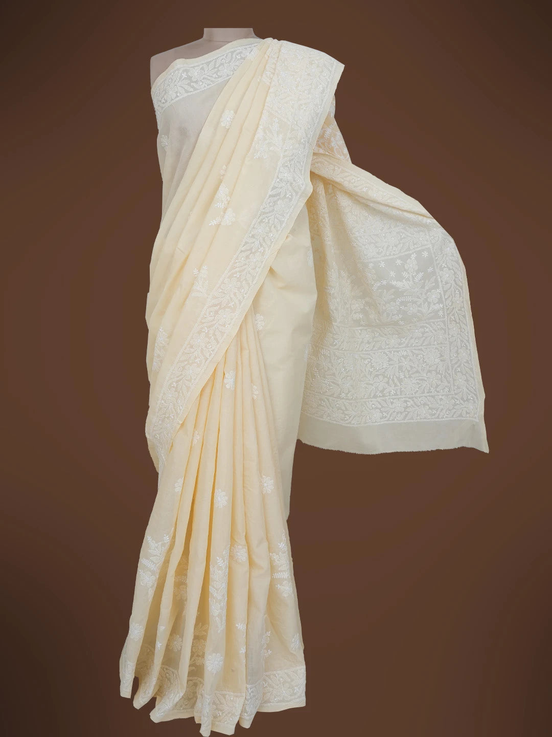 Ada Hand Embroidered Fawn Cotton Lucknowi Chikankari Saree and Blouse 01A720673