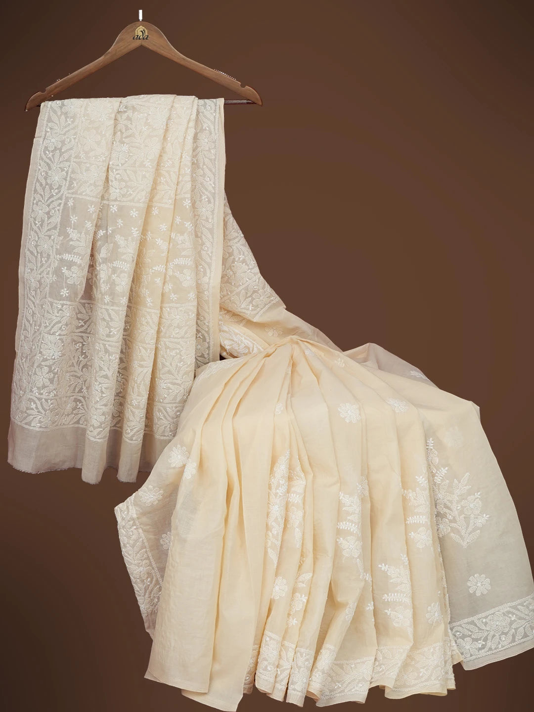Ada Hand Embroidered Fawn Cotton Lucknowi Chikankari Saree and Blouse 01A720673