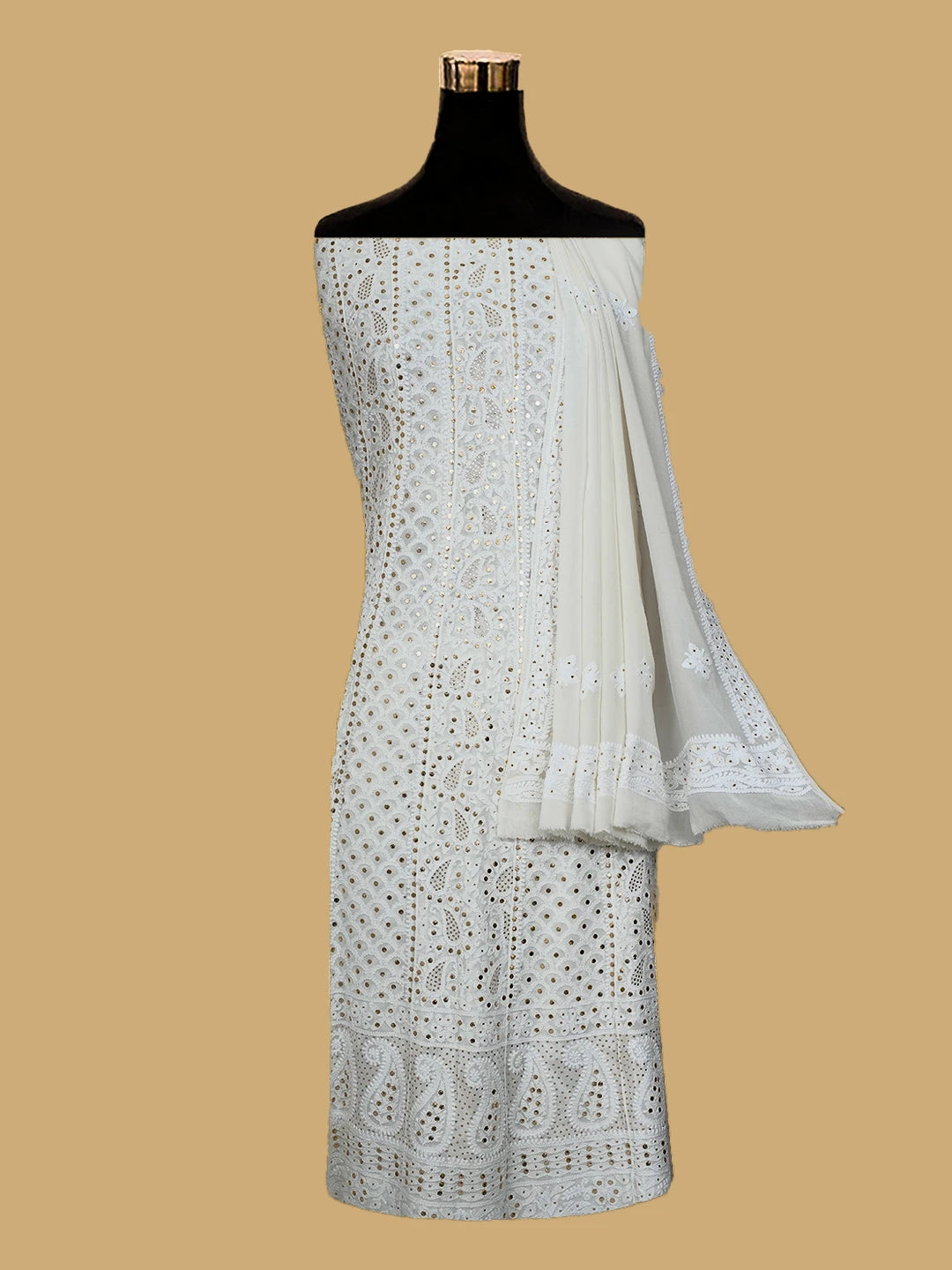 Ada Hand Embroidered White Viscose Georgette Lucknowi Chikankari Semi-Stitched Anarkali Kurta Dupatta Set With Mukaish Work 01A700028