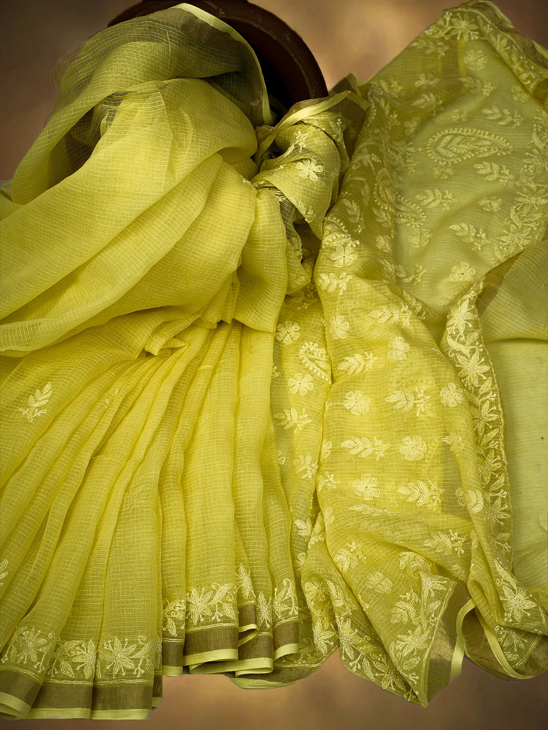 Ada Hand Embroidered Lemon Kota Lucknowi Chikankari Saree and Blouse With Zari Work 01A680837