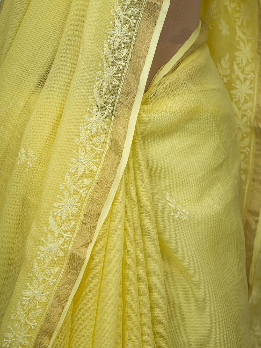 Ada Hand Embroidered Lemon Kota Lucknowi Chikankari Saree and Blouse With Zari Work 01A680837