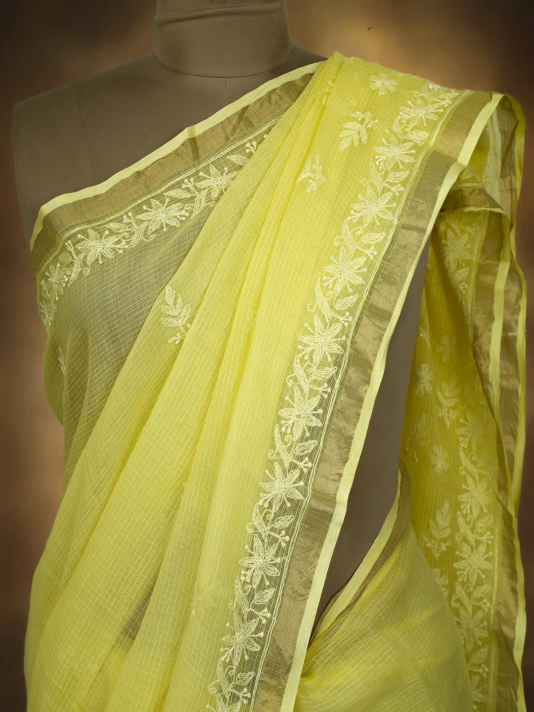 Ada Hand Embroidered Lemon Kota Lucknowi Chikankari Saree and Blouse With Zari Work 01A680837