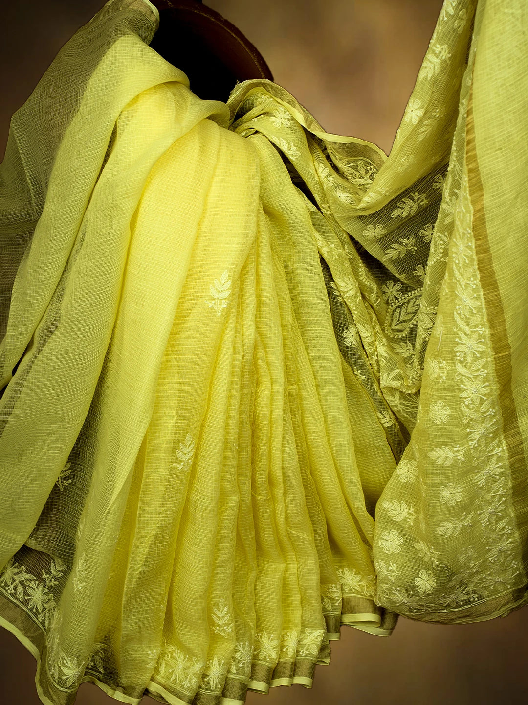Ada Hand Embroidered Lemon Kota Lucknowi Chikankari Saree and Blouse With Zari Work 01A680837