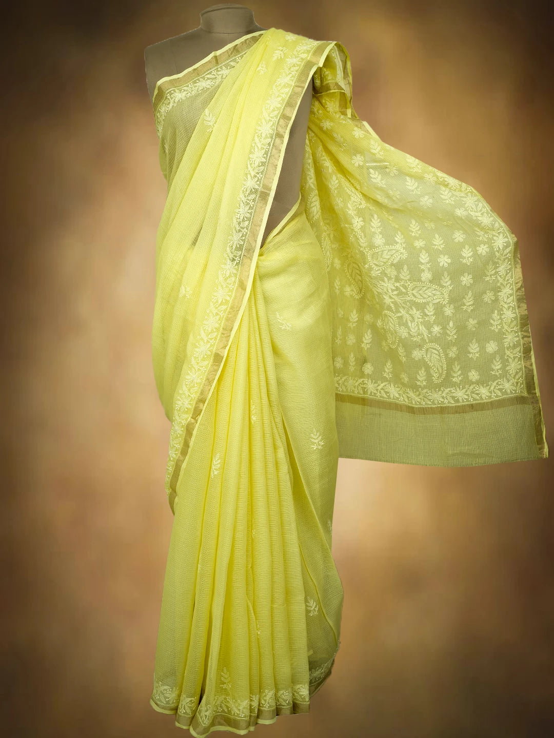 Ada Hand Embroidered Lemon Kota Lucknowi Chikankari Saree and Blouse With Zari Work 01A680837
