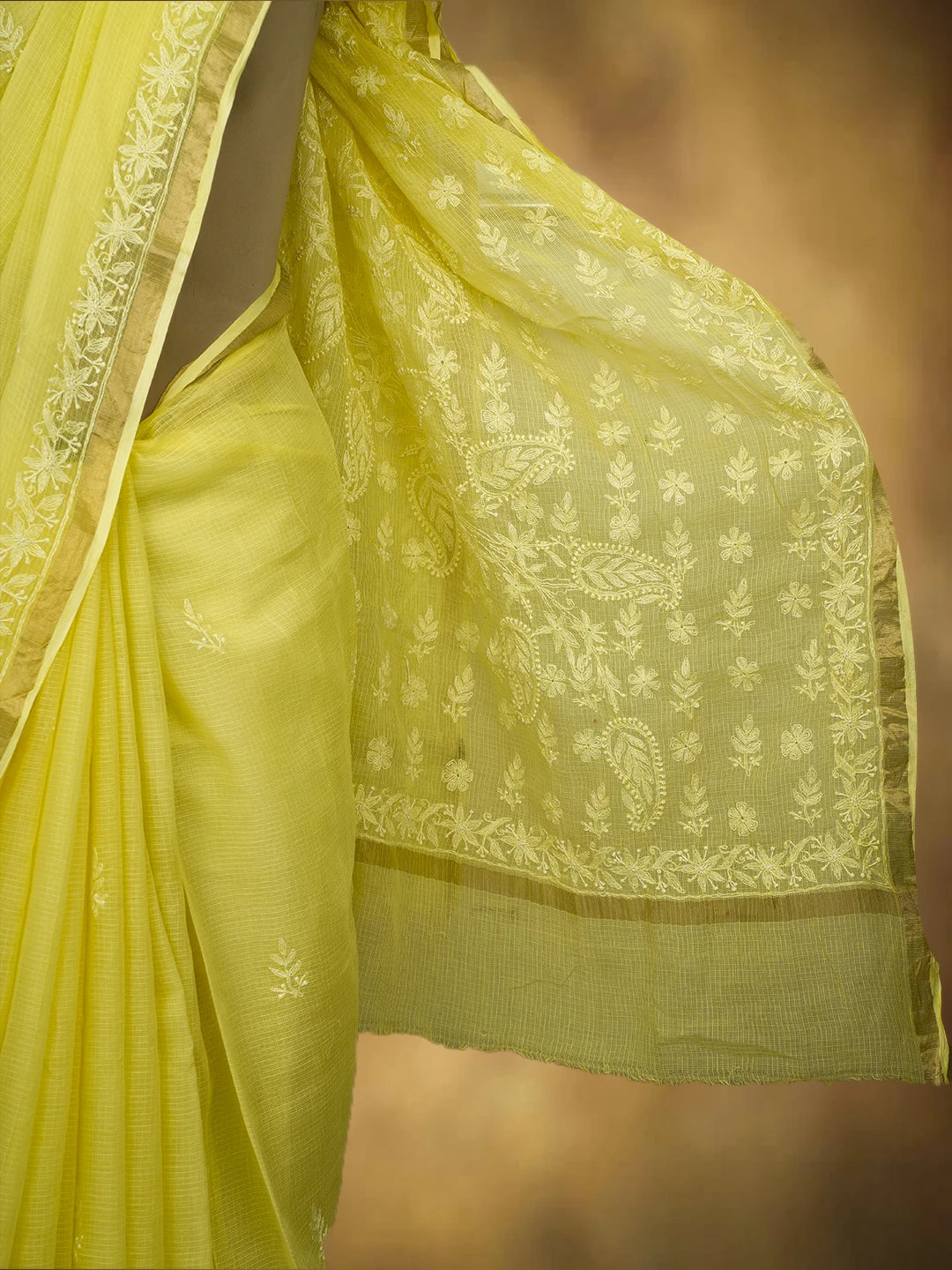 Ada Hand Embroidered Lemon Kota Lucknowi Chikankari Saree and Blouse With Zari Work 01A680837