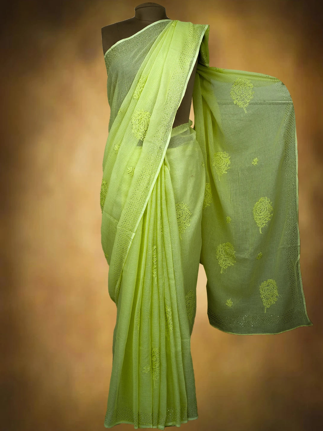 Ada Hand Embroidered Light Green Kota Lucknowi Chikankari Saree and Blouse With Mukaish Work 01A653377