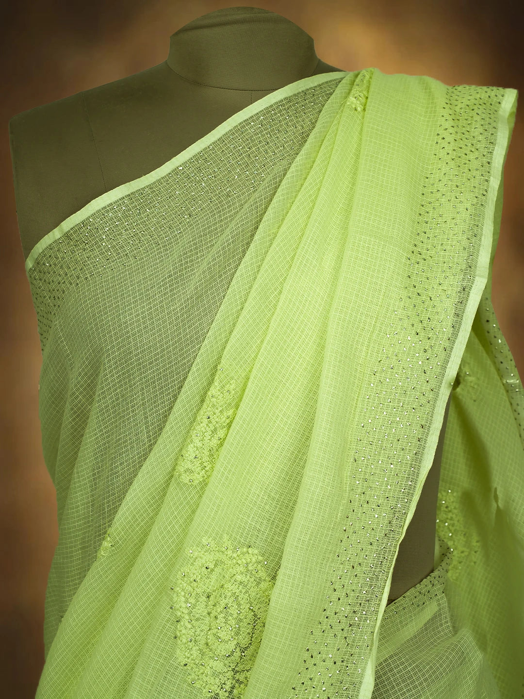 Ada Hand Embroidered Light Green Kota Lucknowi Chikankari Saree and Blouse With Mukaish Work 01A653377