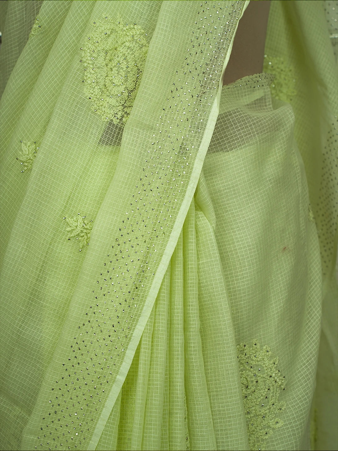 Ada Hand Embroidered Light Green Kota Lucknowi Chikankari Saree and Blouse With Mukaish Work 01A653377