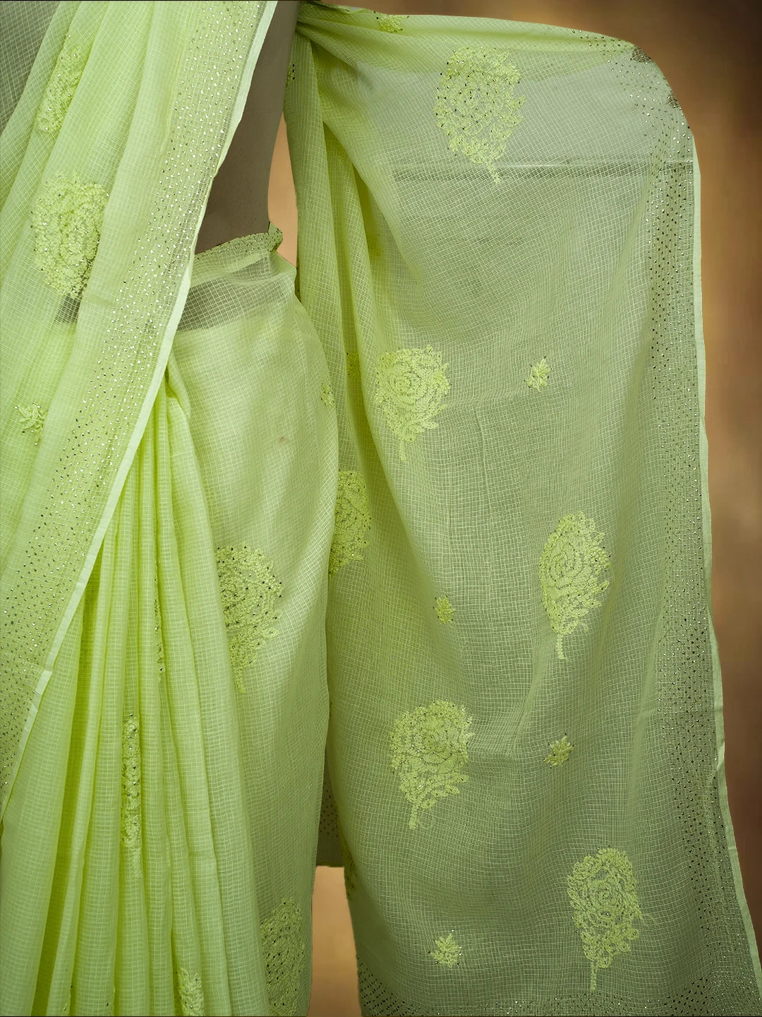 Ada Hand Embroidered Light Green Kota Lucknowi Chikankari Saree and Blouse With Mukaish Work 01A653377