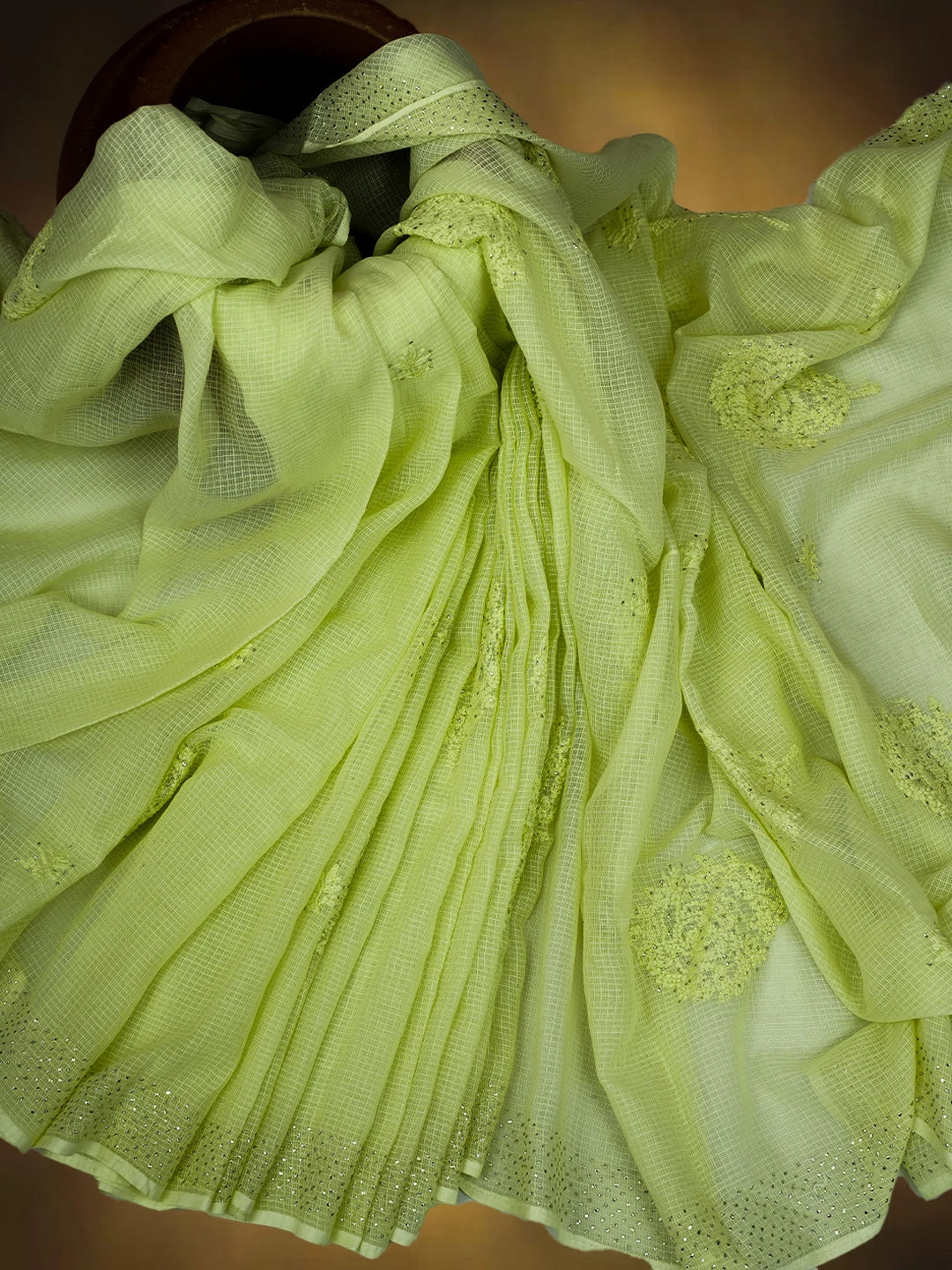 Ada Hand Embroidered Light Green Kota Lucknowi Chikankari Saree and Blouse With Mukaish Work 01A653377