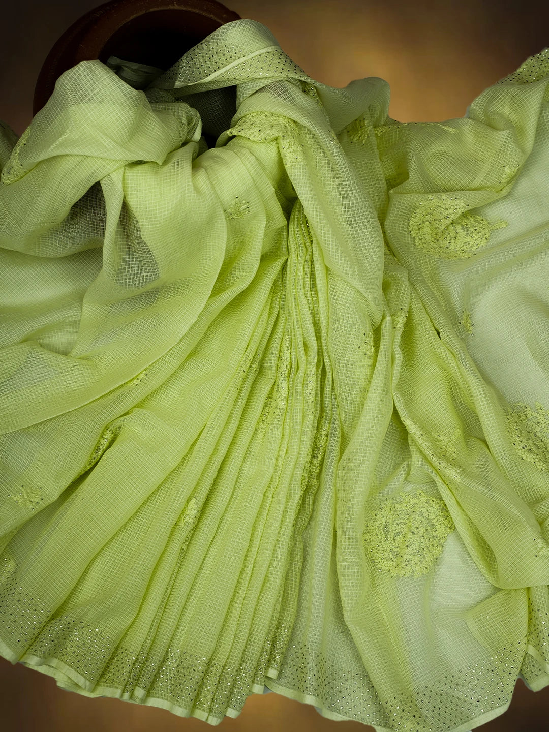 Ada Hand Embroidered Light Green Kota Lucknowi Chikankari Saree and Blouse With Mukaish Work 01A653377