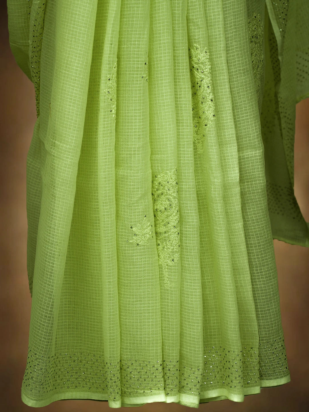 Ada Hand Embroidered Light Green Kota Lucknowi Chikankari Saree and Blouse With Mukaish Work 01A653377
