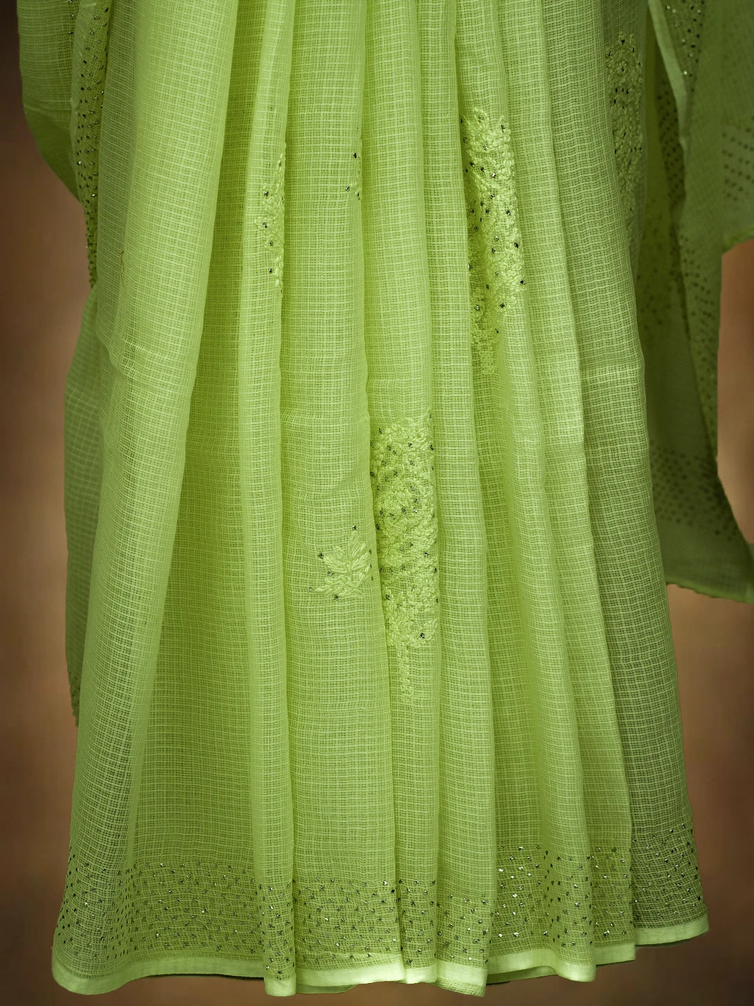Ada Hand Embroidered Light Green Kota Lucknowi Chikankari Saree and Blouse With Mukaish Work 01A653377