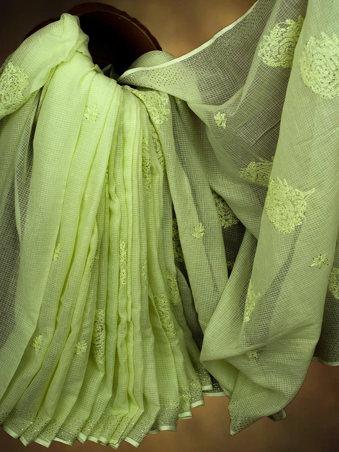 Ada Hand Embroidered Light Green Kota Lucknowi Chikankari Saree and Blouse With Mukaish Work 01A653377