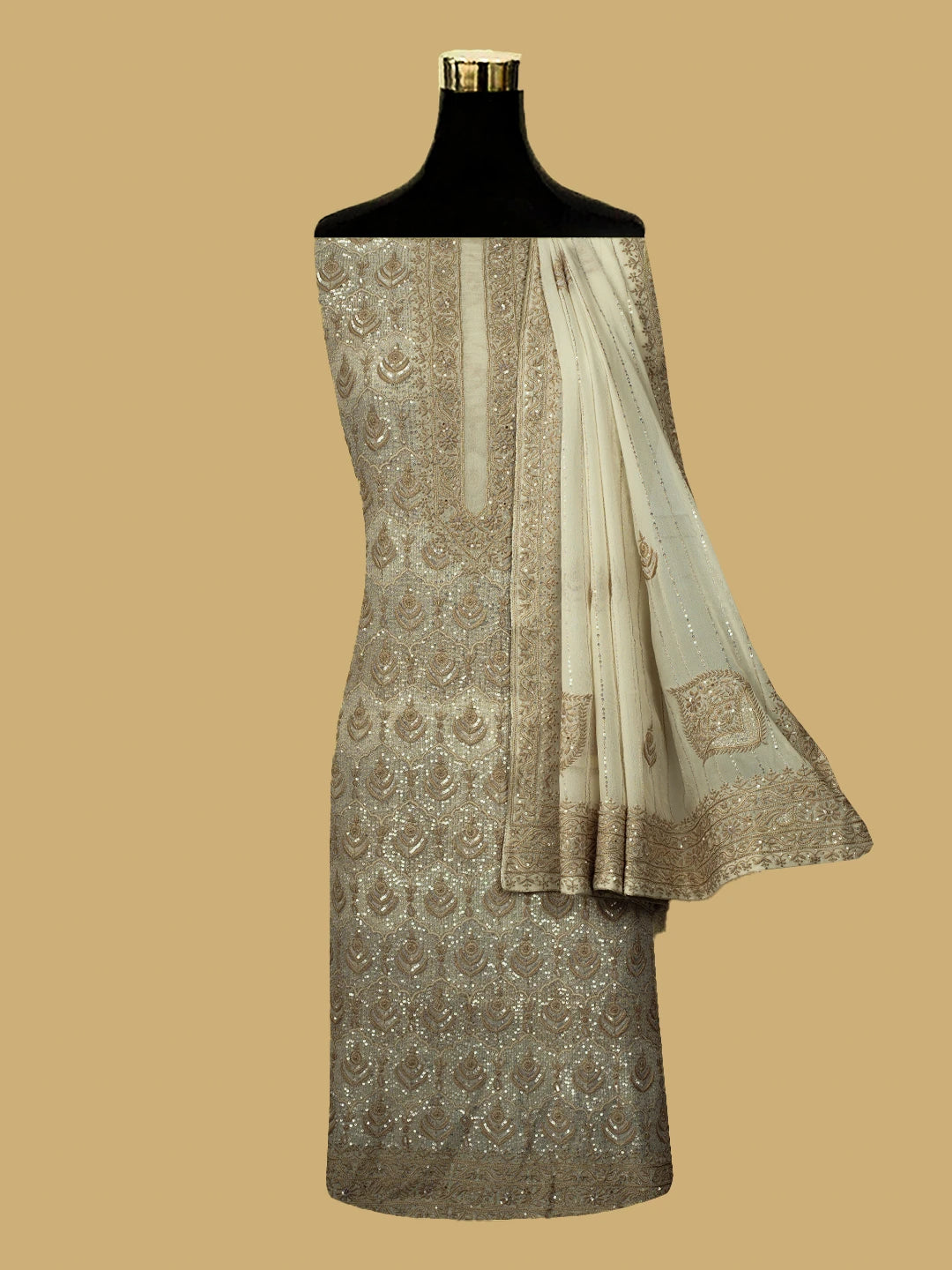 Ada Hand Embroidered Off White Pure Georgette Lucknowi Chikankari Unstitched Kurta Dupatta Set With Sequinned Work 01A604612