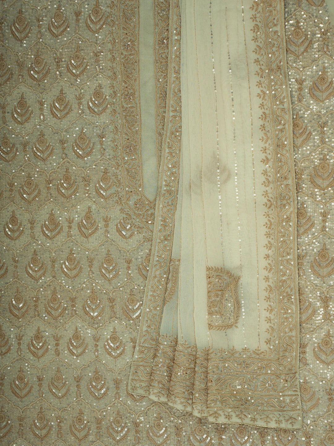 Ada Hand Embroidered Off White Pure Georgette Lucknowi Chikankari Unstitched Kurta Dupatta Set With Sequinned Work 01A604612