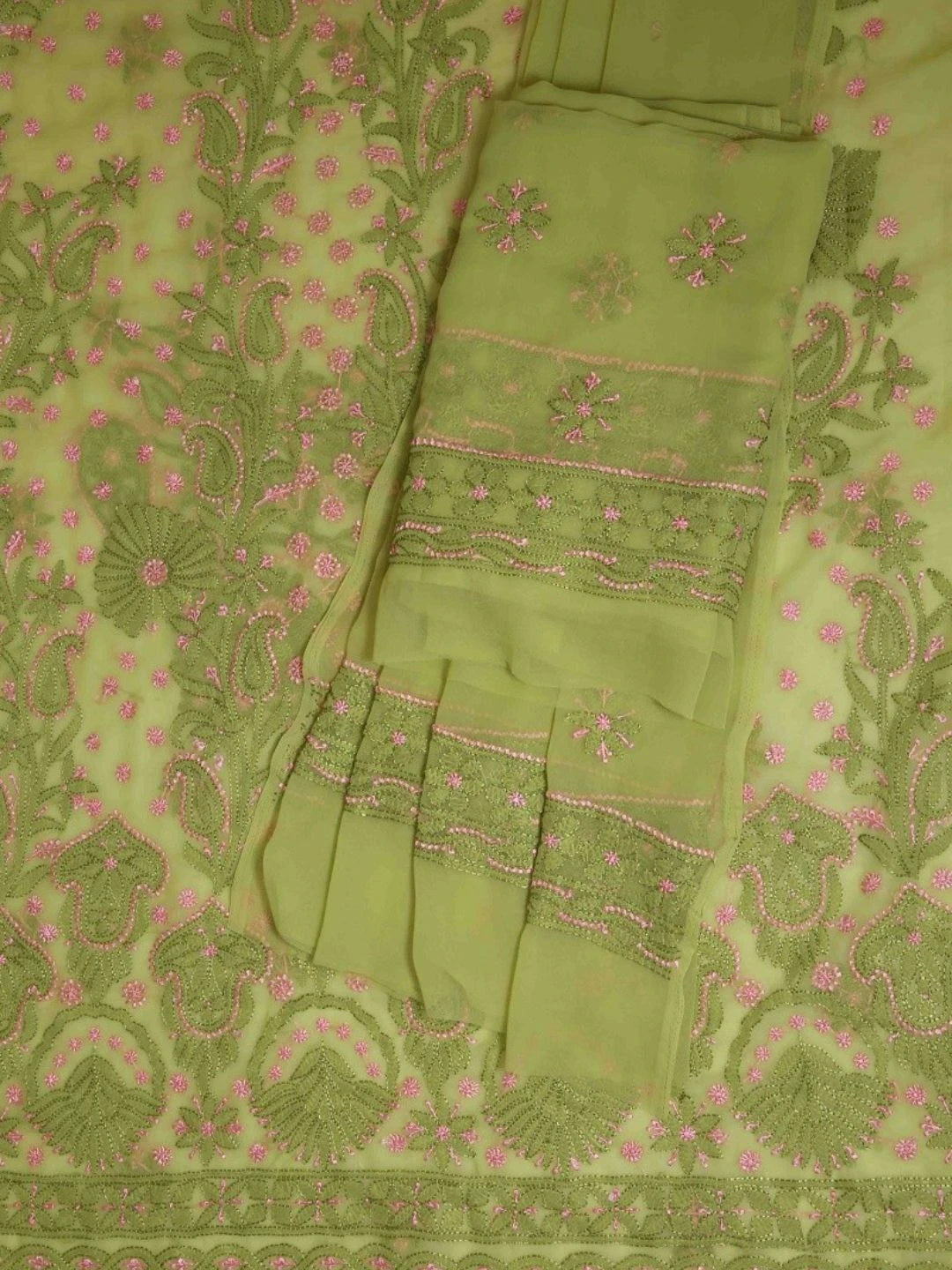 Ada Hand Embroidered Mehndi Green Georgette Lucknowi Chikan Unstitched Suit Piece A211182