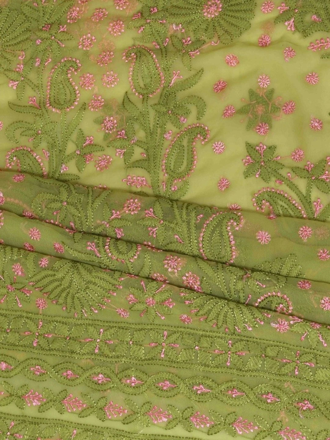 Ada Hand Embroidered Mehndi Green Georgette Lucknowi Chikan Unstitched Suit Piece A211182