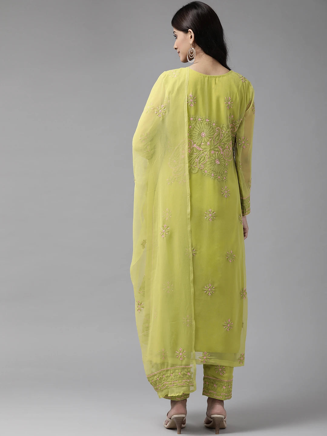 Ada Hand Embroidered Mehndi Green Georgette Lucknowi Chikan Unstitched Suit Piece A211182