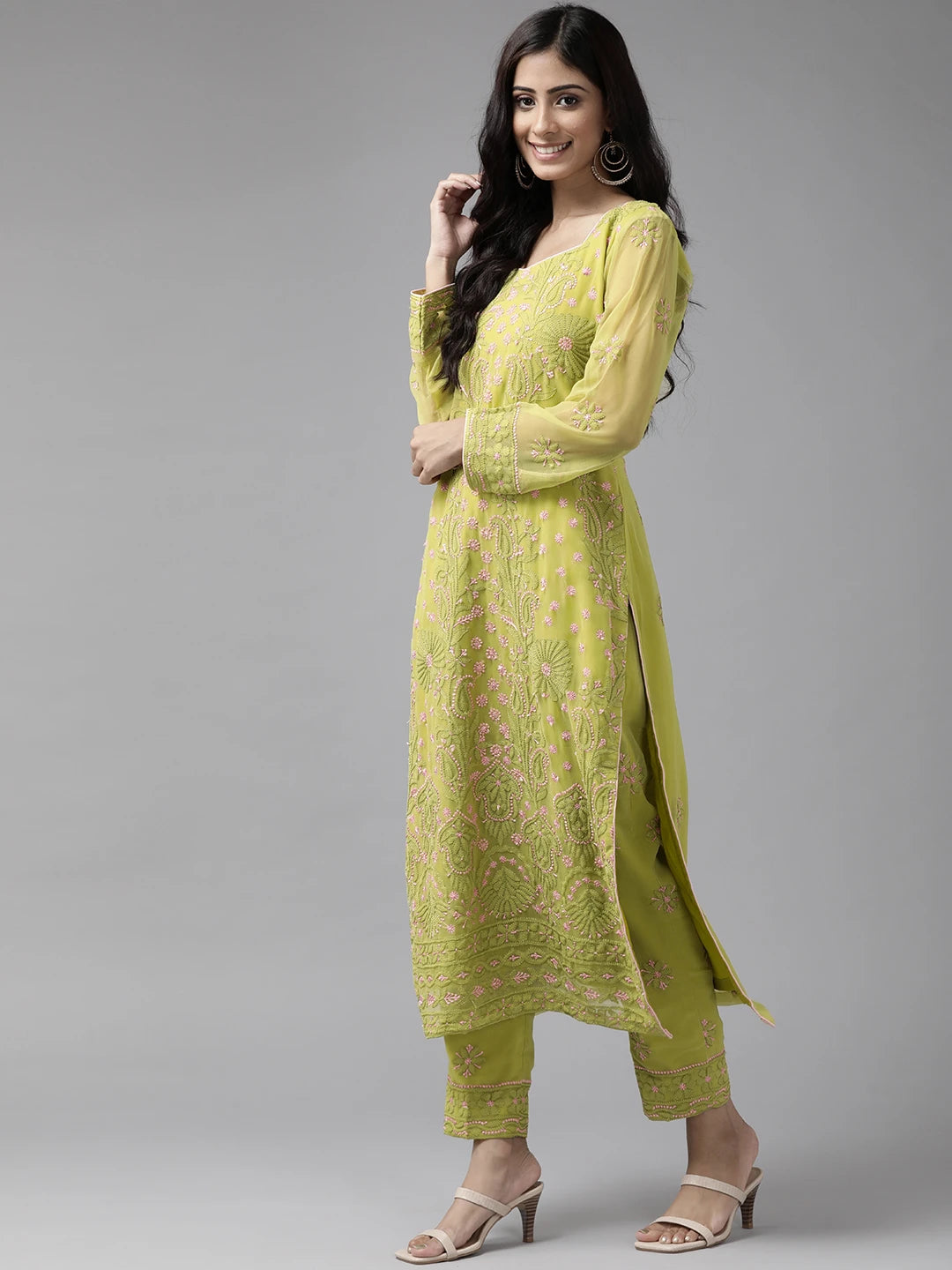 Ada Hand Embroidered Mehndi Green Georgette Lucknowi Chikan Unstitched Suit Piece A211182
