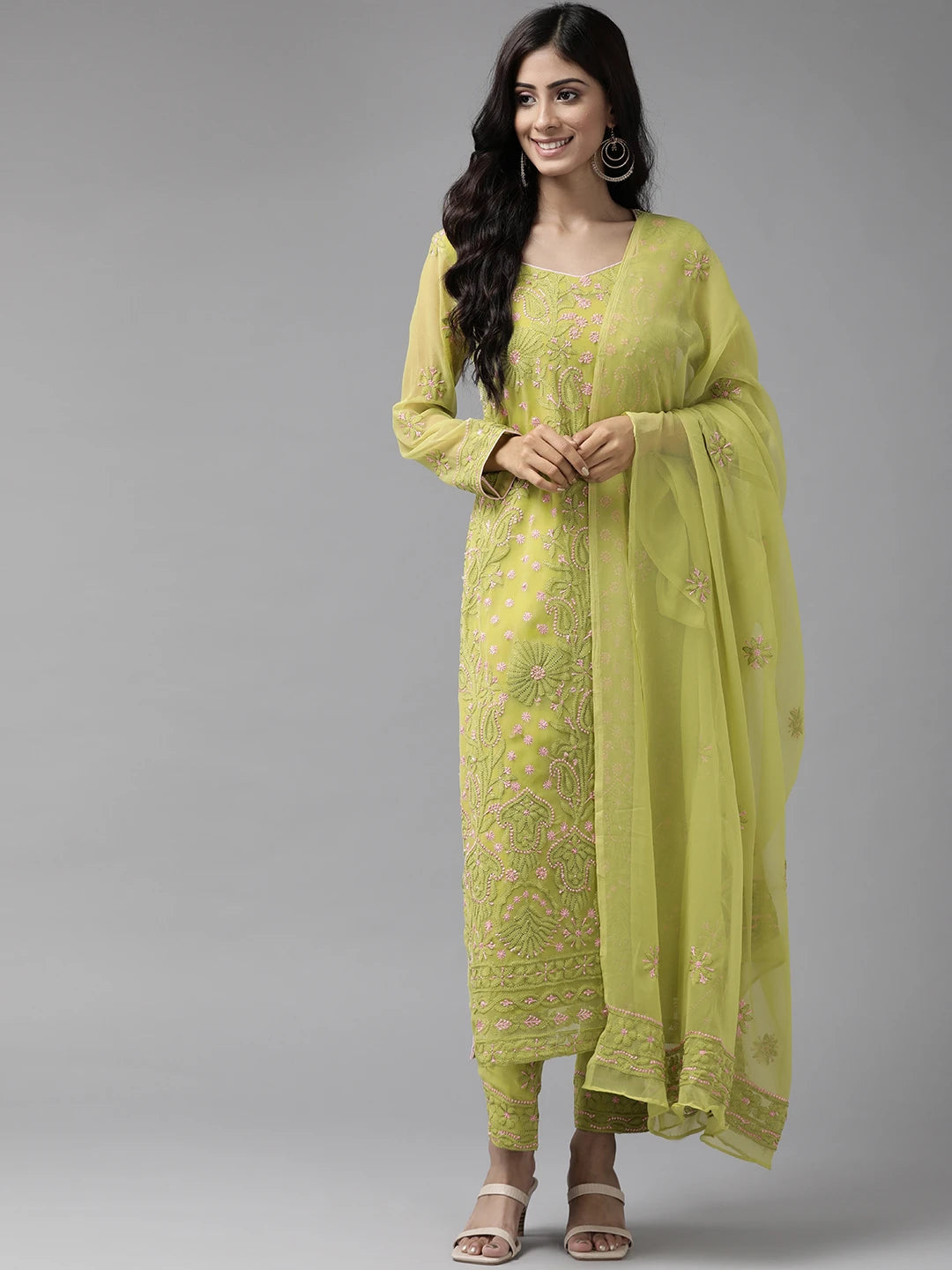 Ada Hand Embroidered Mehndi Green Georgette Lucknowi Chikan Unstitched Suit Piece A211182