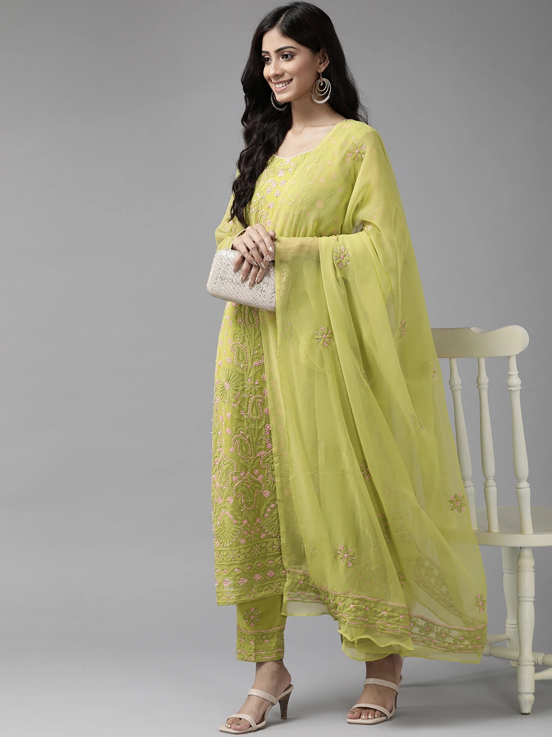 Ada Hand Embroidered Mehndi Green Georgette Lucknowi Chikan Unstitched Suit Piece A211182