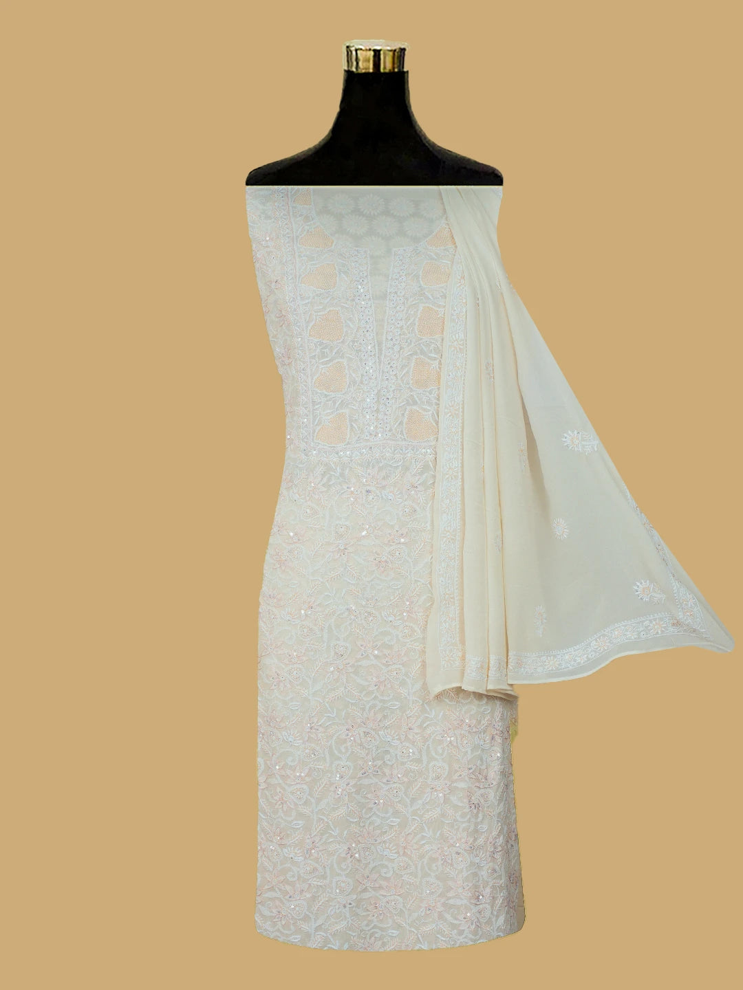 Ada Hand Embroidered White Pure Georgette Lucknowi Chikankari Unstitched Kurta Dupatta Set With Cutdana Work 01A623442