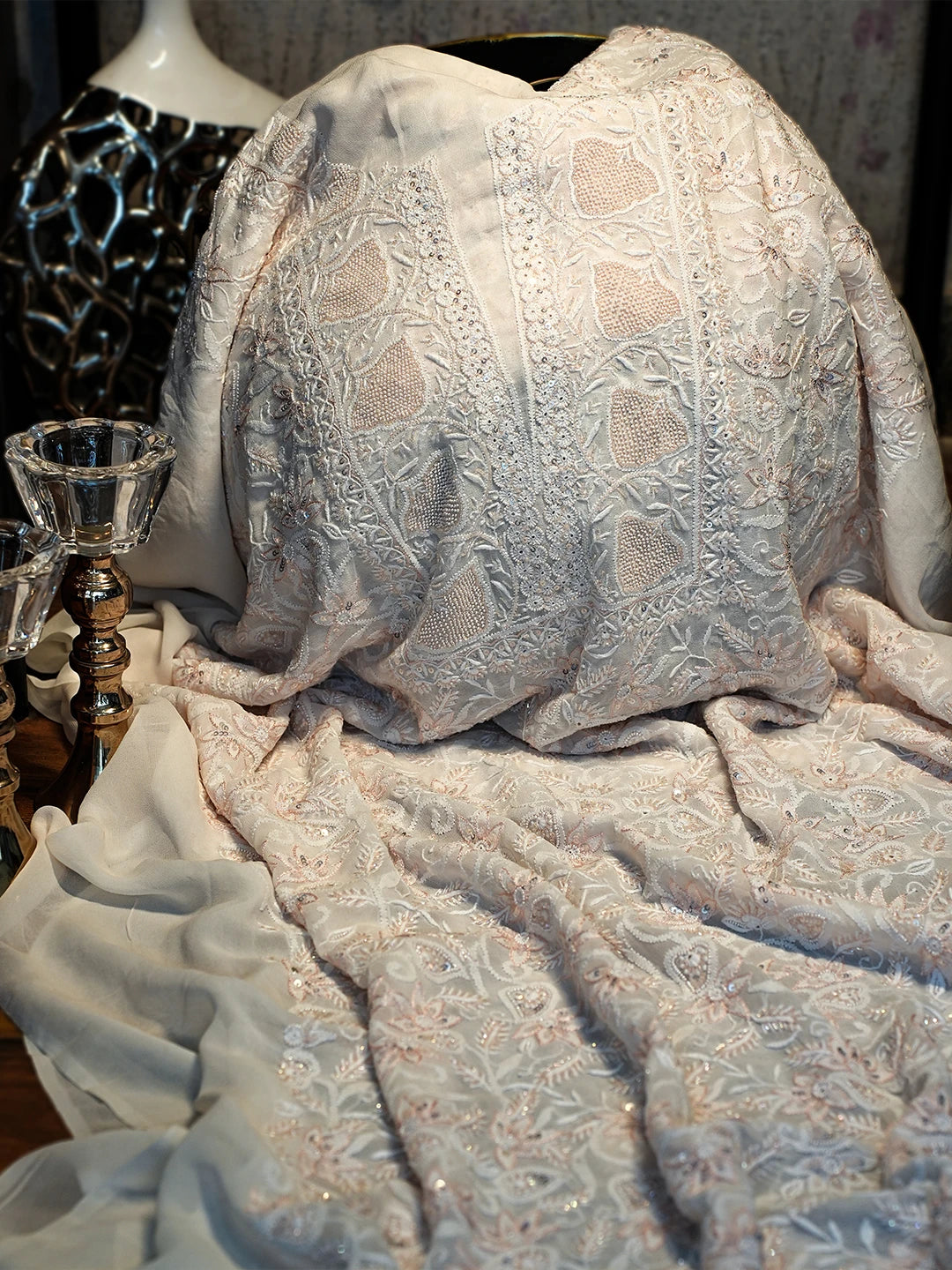 Ada Hand Embroidered White Pure Georgette Lucknowi Chikankari Unstitched Kurta Dupatta Set With Cutdana Work 01A623442