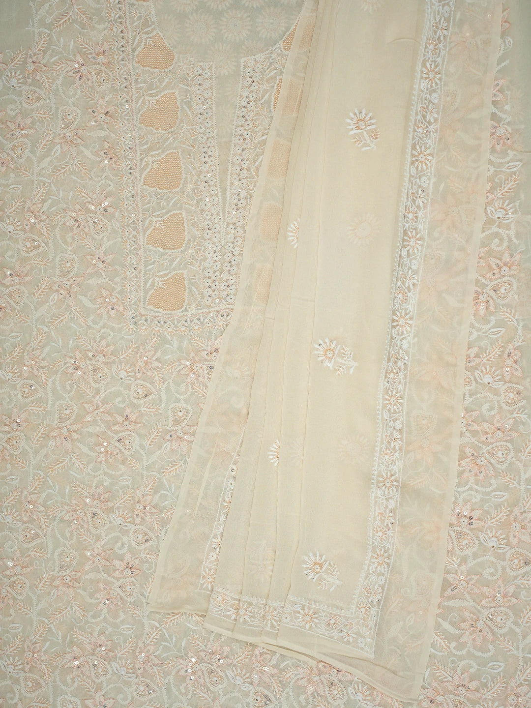 Ada Hand Embroidered White Pure Georgette Lucknowi Chikankari Unstitched Kurta Dupatta Set With Cutdana Work 01A623442