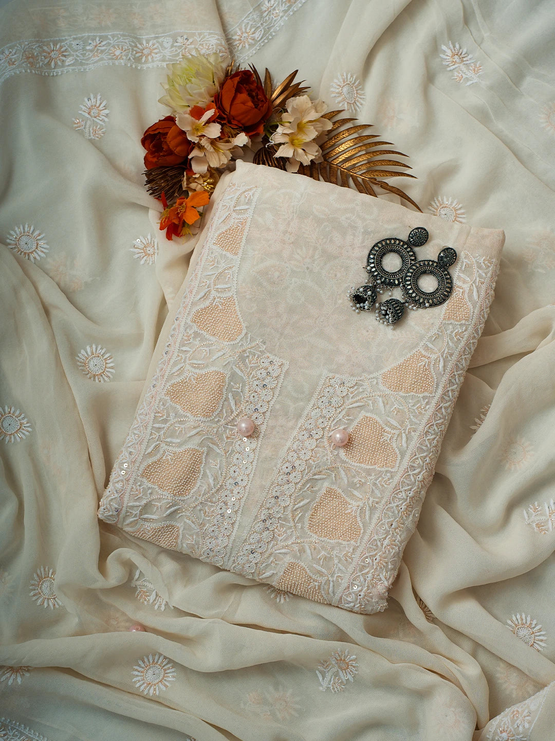 Ada Hand Embroidered White Pure Georgette Lucknowi Chikankari Unstitched Kurta Dupatta Set With Cutdana Work 01A623442