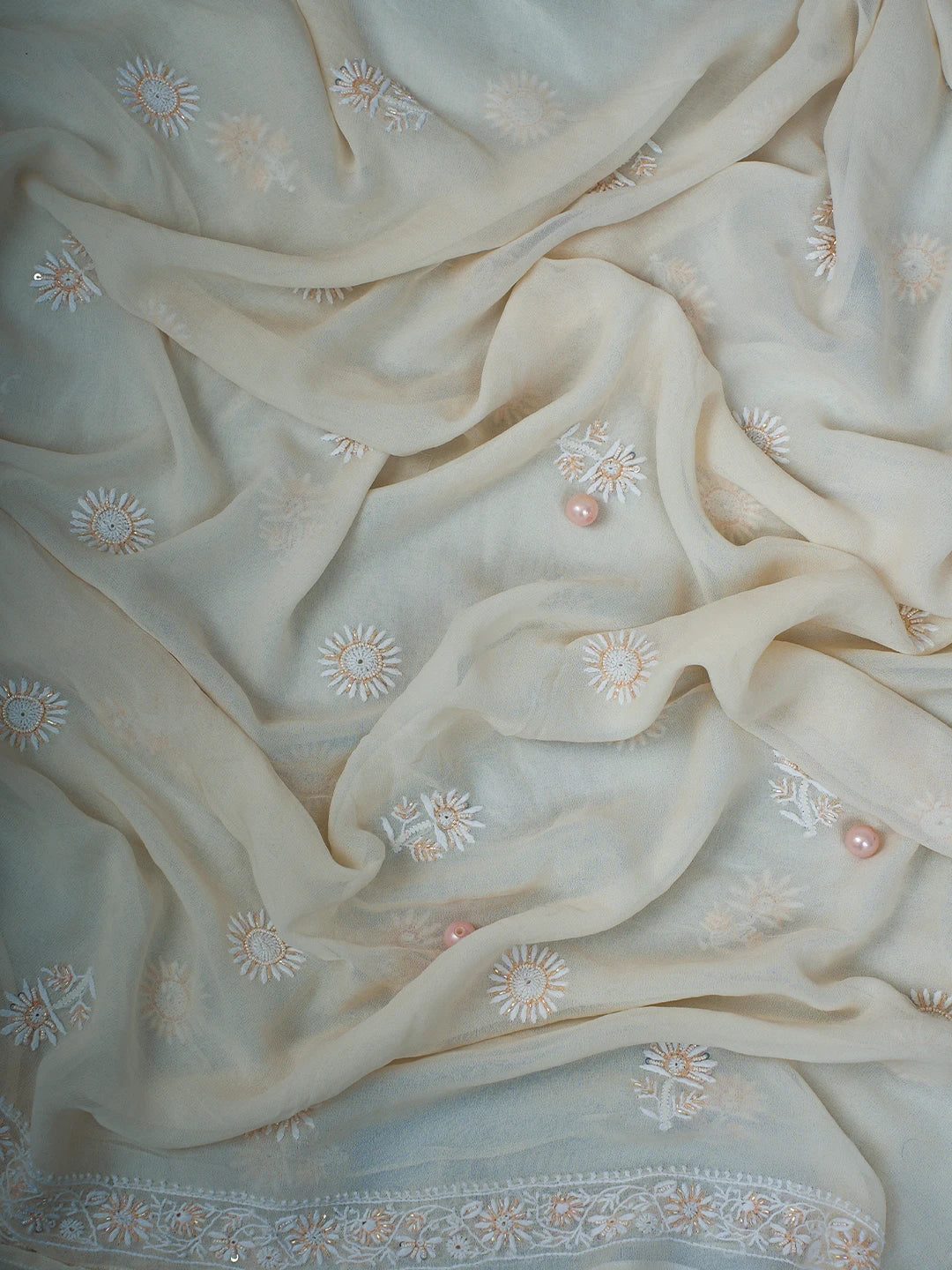 Ada Hand Embroidered White Pure Georgette Lucknowi Chikankari Unstitched Kurta Dupatta Set With Cutdana Work 01A623442