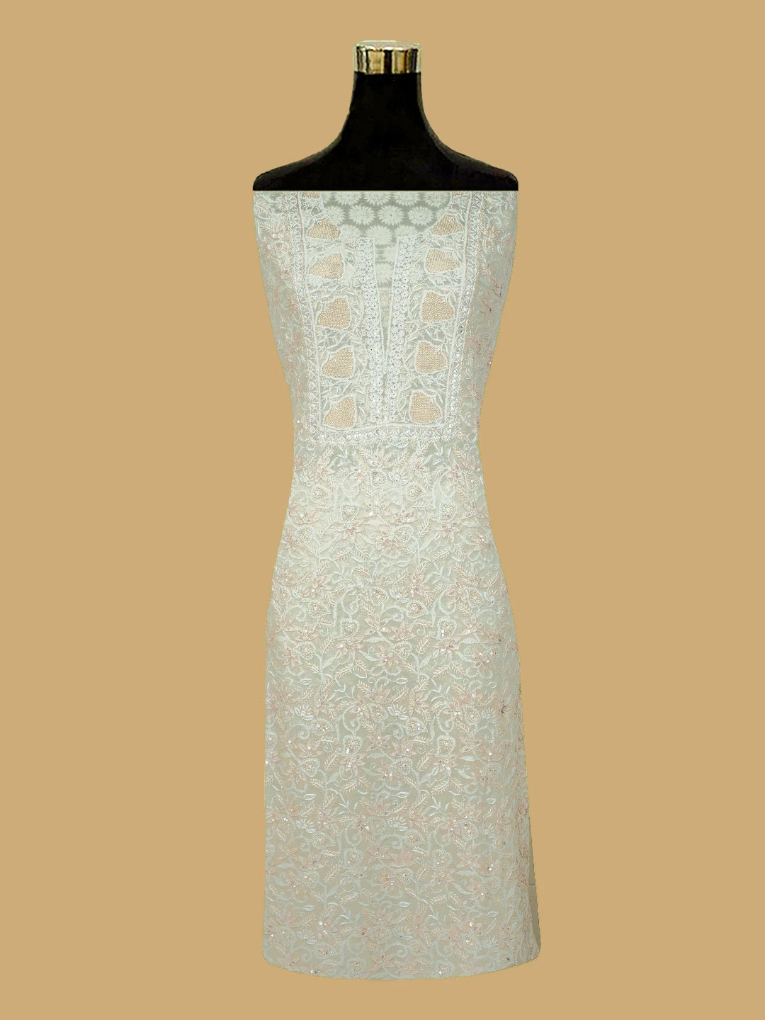 Ada Hand Embroidered White Pure Georgette Lucknowi Chikankari Unstitched Kurta Dupatta Set With Cutdana Work 01A623442