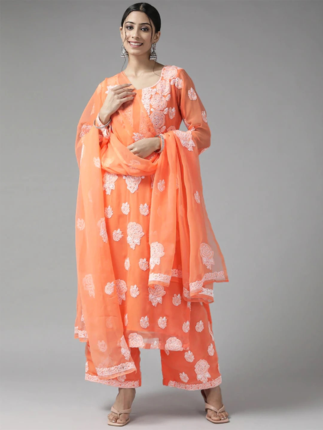 Ada Hand Embroidered Orange Georgette Lucknowi Chikankari Unstitched Suit Piece A211210