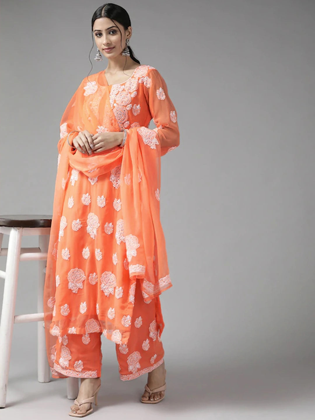 Ada Hand Embroidered Orange Georgette Lucknowi Chikankari Unstitched Suit Piece A211210