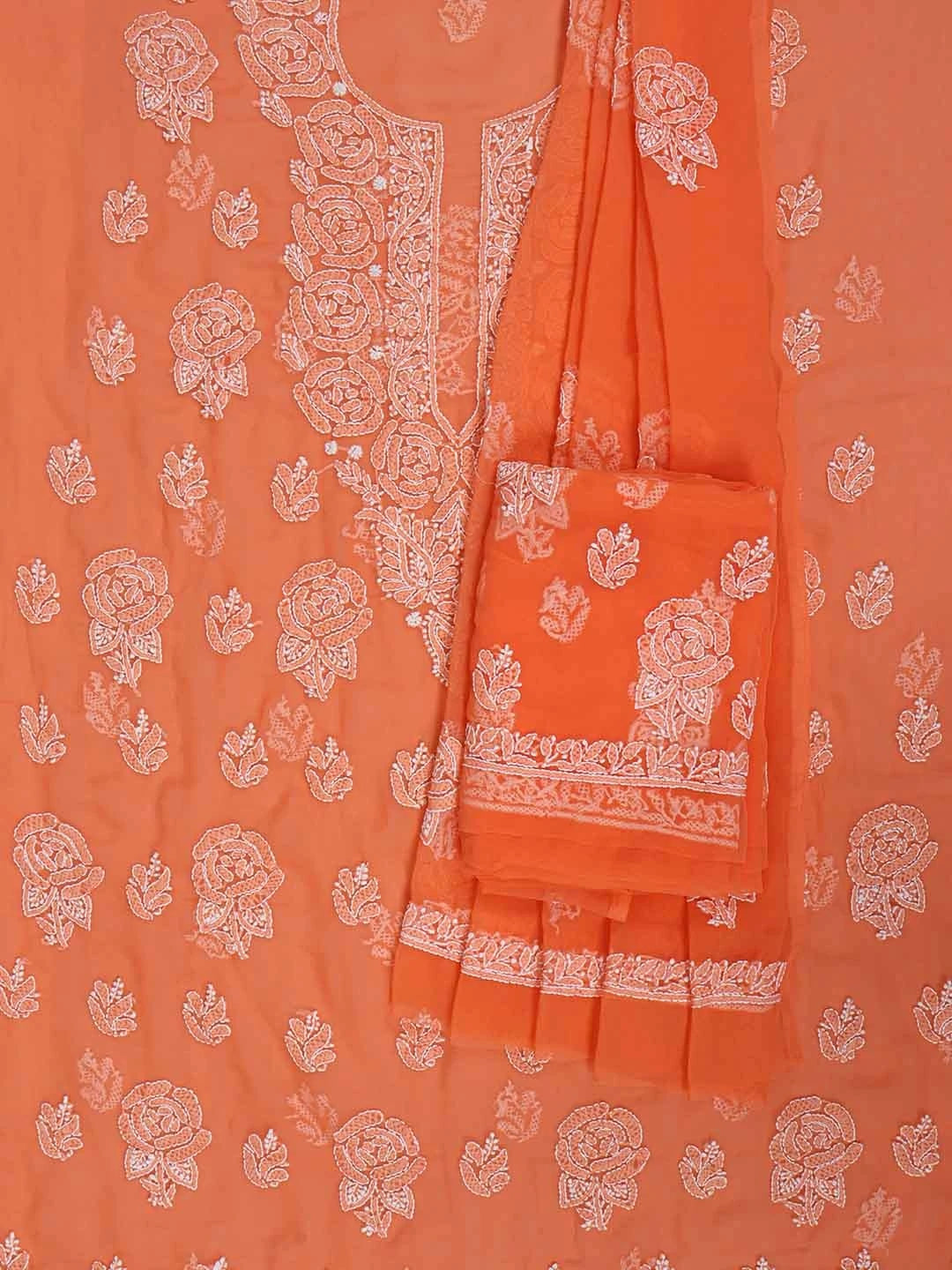 Ada Hand Embroidered Orange Georgette Lucknowi Chikankari Unstitched Suit Piece A211210