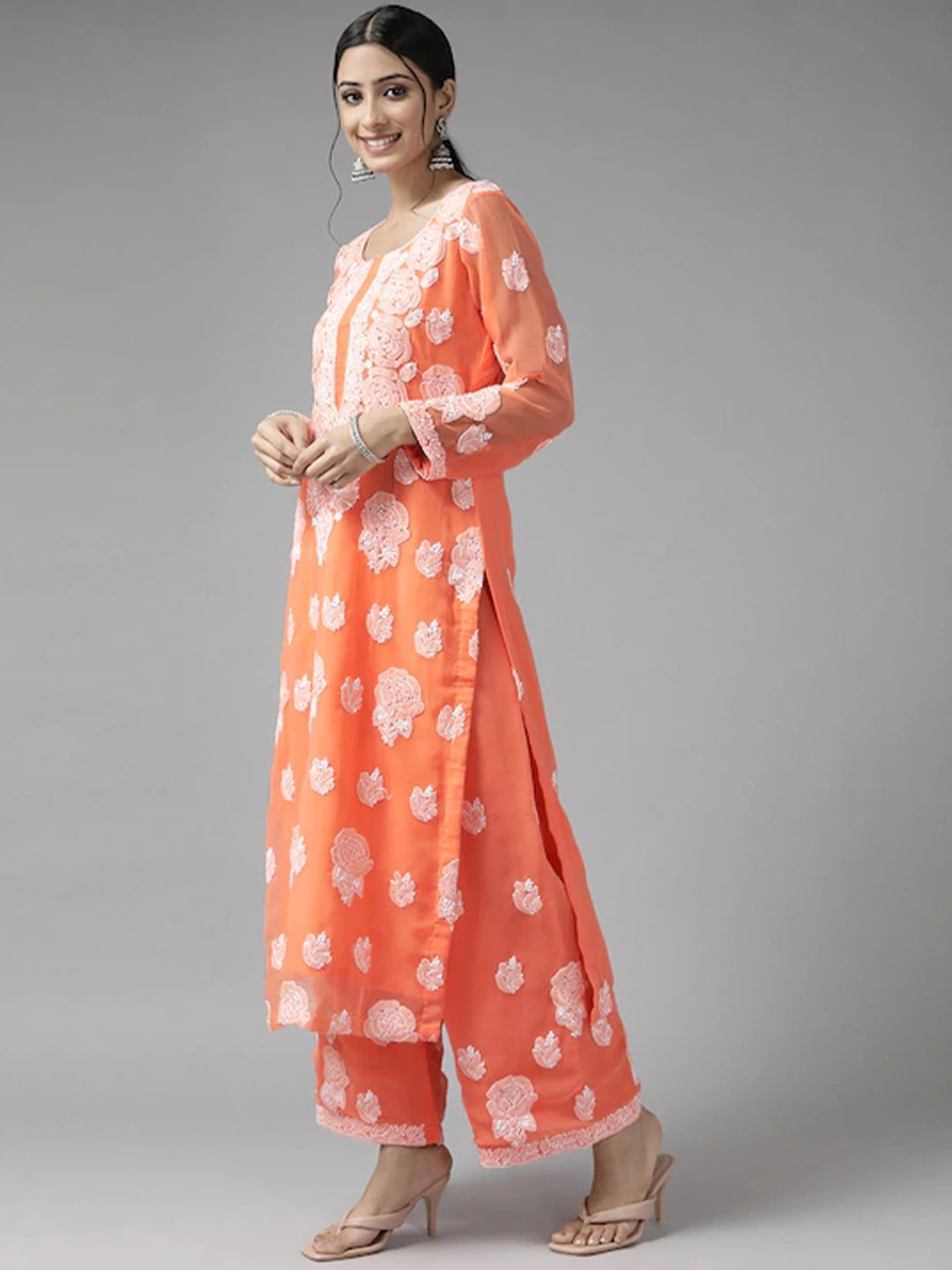 Ada Hand Embroidered Orange Georgette Lucknowi Chikankari Unstitched Suit Piece A211210