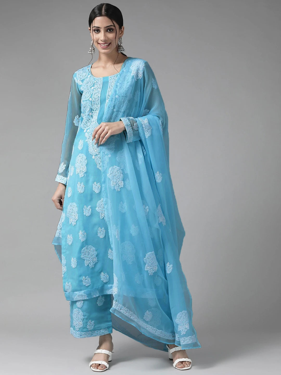 Ada Hand Embroidered Blue Georgette Lucknowi Chikankari Unstitched Suit Piece A211212