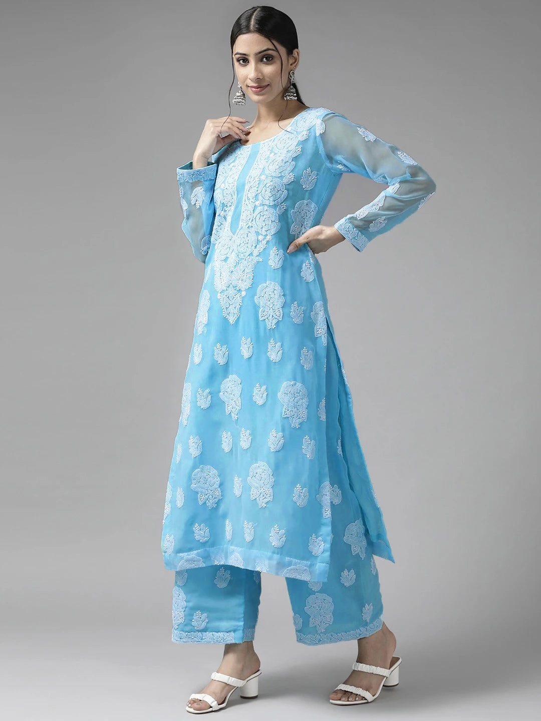 Ada Hand Embroidered Blue Georgette Lucknowi Chikankari Unstitched Suit Piece A211212