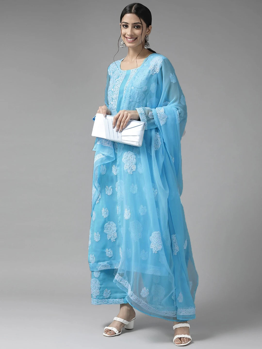 Ada Hand Embroidered Blue Georgette Lucknowi Chikankari Unstitched Suit Piece A211212
