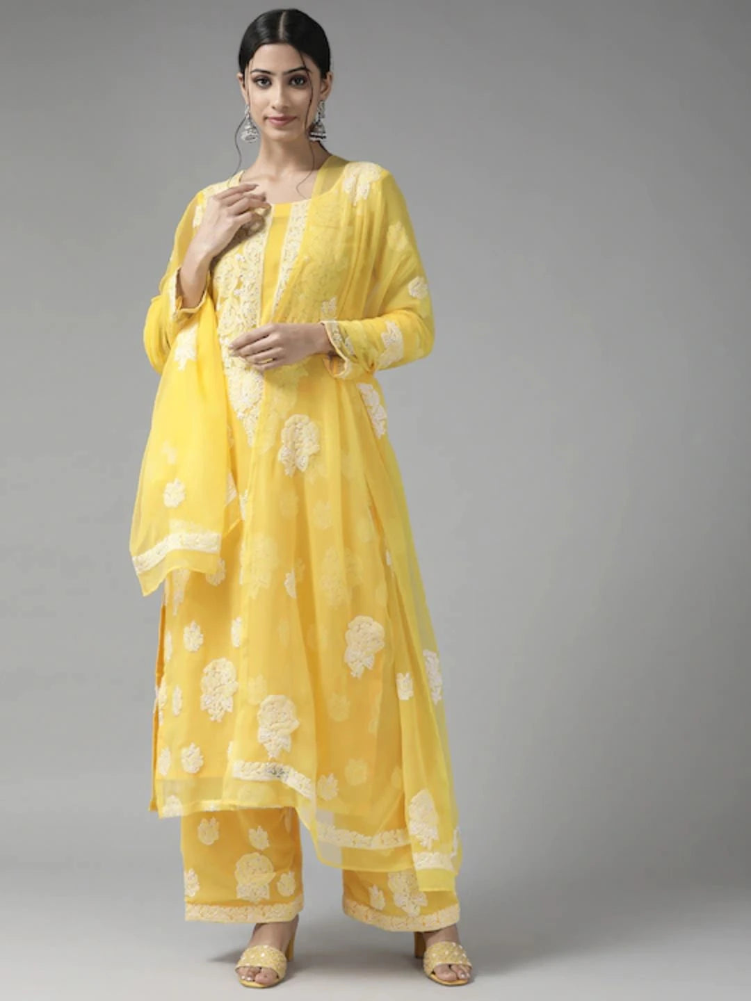 Ada Hand Embroidered Yellow Georgette Lucknowi Chikankari Unstitched Suit Piece A211213