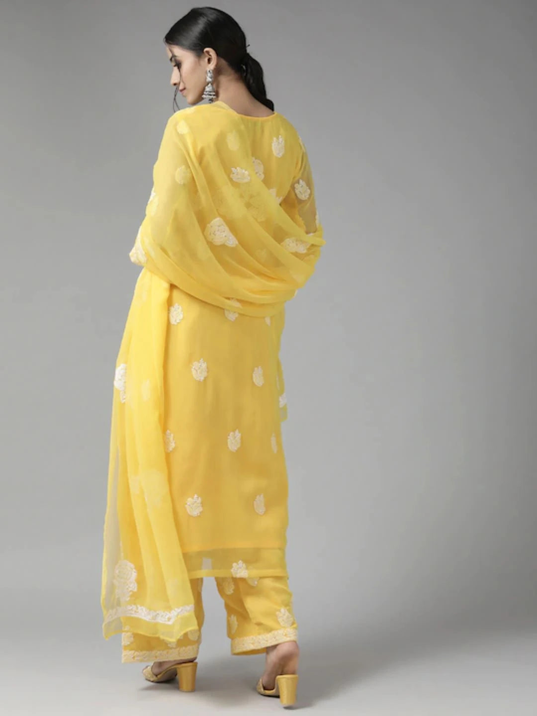 Ada Hand Embroidered Yellow Georgette Lucknowi Chikankari Unstitched Suit Piece A211213