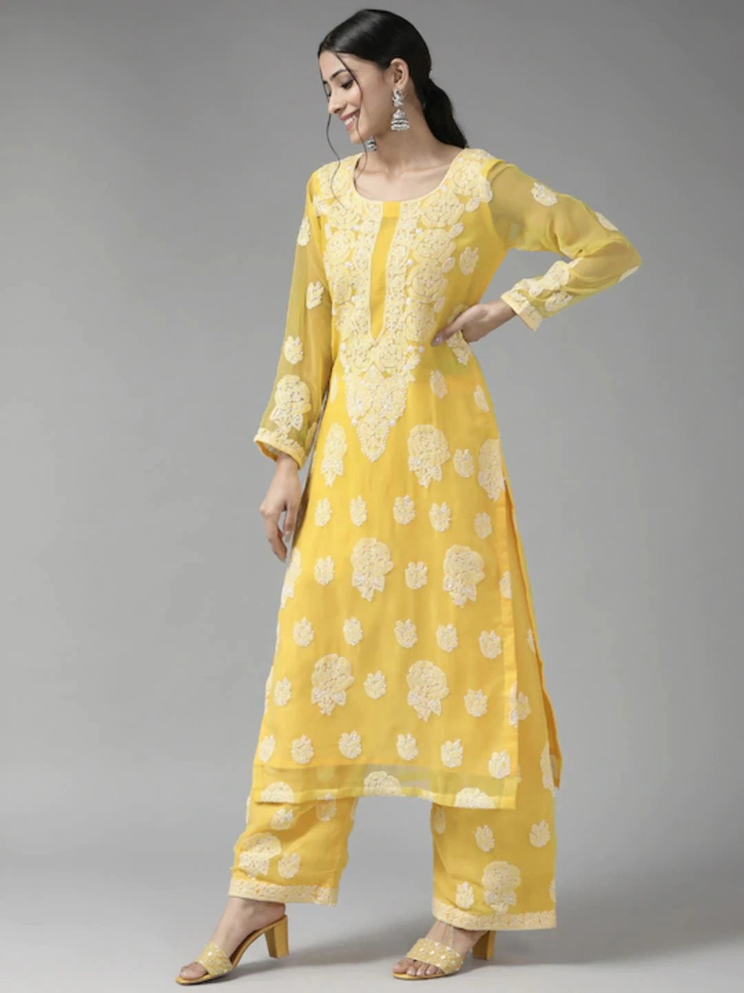 Ada Hand Embroidered Yellow Georgette Lucknowi Chikankari Unstitched Suit Piece A211213