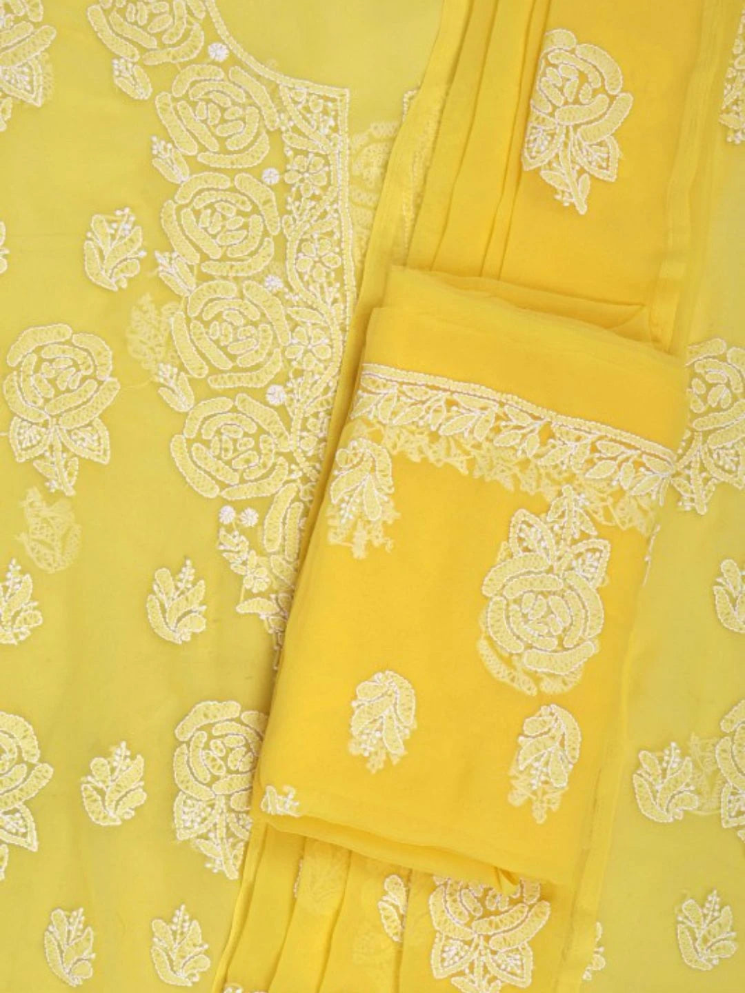Ada Hand Embroidered Yellow Georgette Lucknowi Chikankari Unstitched Suit Piece A211213