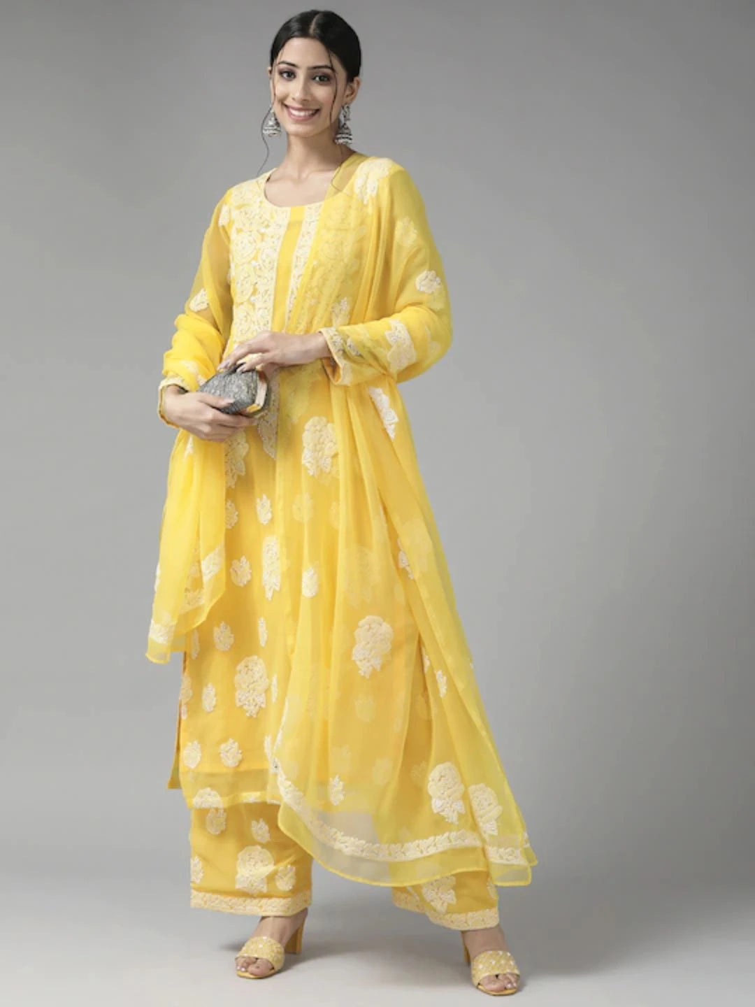 Ada Hand Embroidered Yellow Georgette Lucknowi Chikankari Unstitched Suit Piece A211213