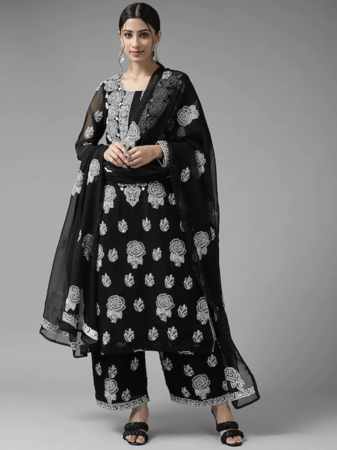Ada Hand Embroidered Black Georgette Lucknowi Chikan Unstitched Suit Piece A211214