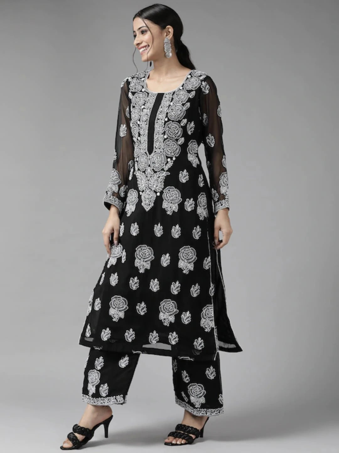 Ada Hand Embroidered Black Georgette Lucknowi Chikan Unstitched Suit Piece A211214