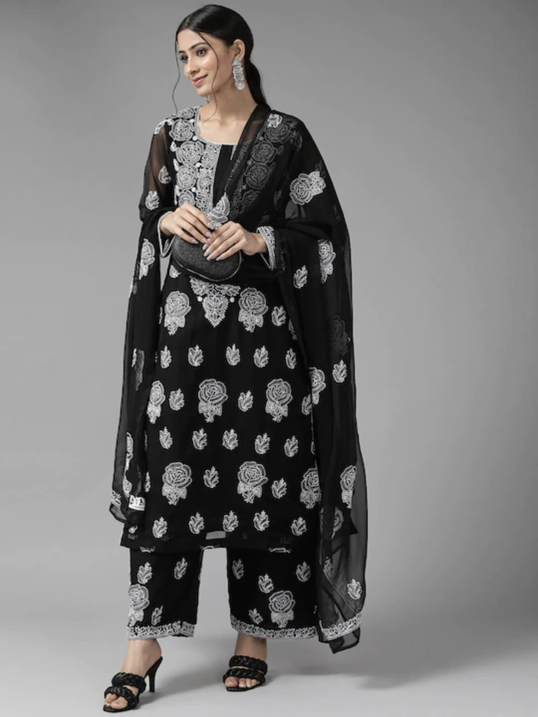 Ada Hand Embroidered Black Georgette Lucknowi Chikan Unstitched Suit Piece A211214