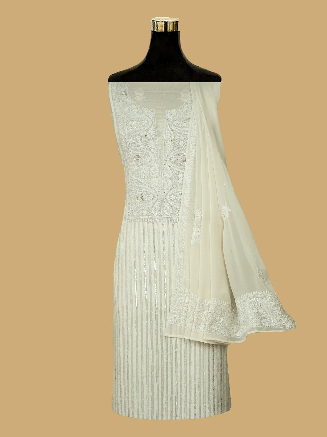 Ada Hand Embroidered Smoke White Pure Georgette Lucknowi Chikankari Unstitched Kurta Dupatta Set With Cutdana Work 01A623445